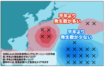 台風の発生位置の傾向 2024年