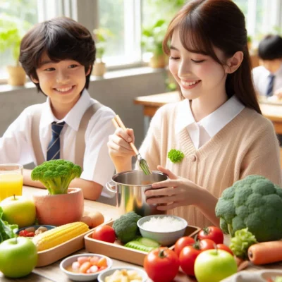 学校給食に地元の食材を取り入れます。